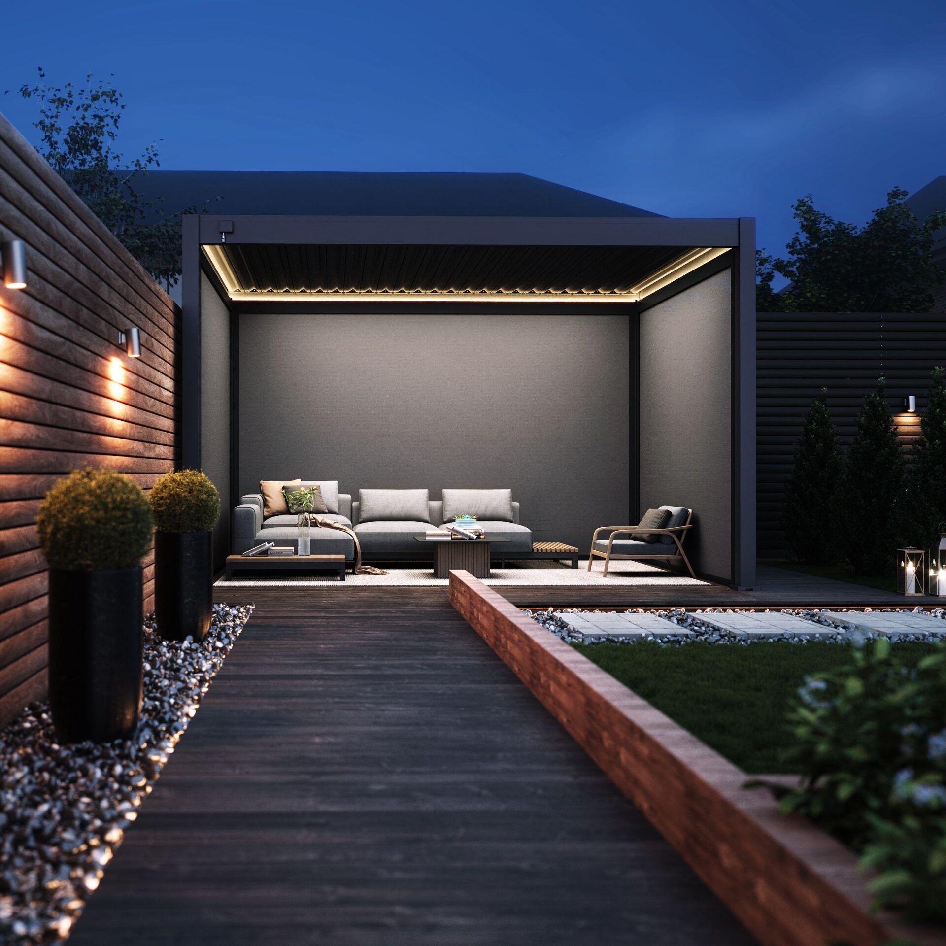 Hygge Aluminium Manually Adjustable Pergola with 3 Side Blinds & LED Lighting - Image 1